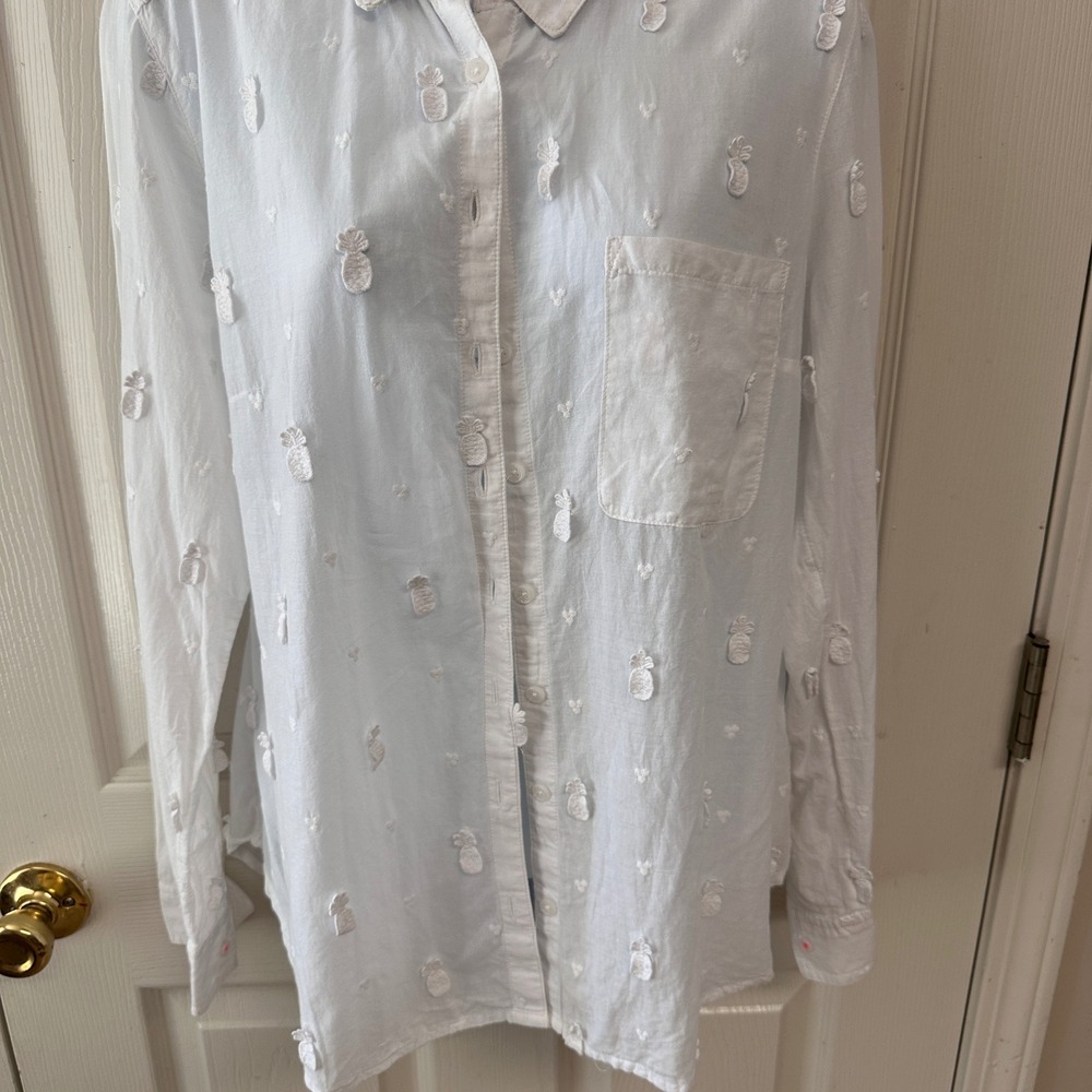 Anthropologie Maeve Sheer Cotton Classic Embroidered Pineapple Button Shirt 14 - Picture 7 of 9